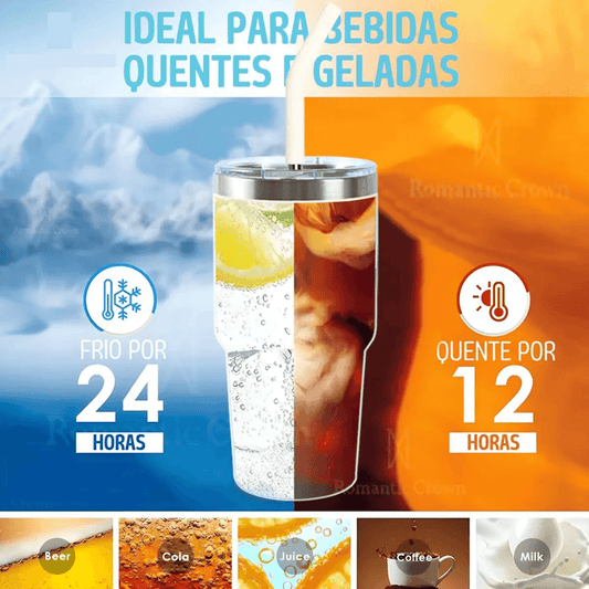 Copo Térmico Inox Portátil 600ml com Tampa e Canudo