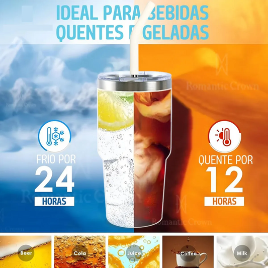 Copo Térmico Inox Portátil 591ml com Tampa e Canudo