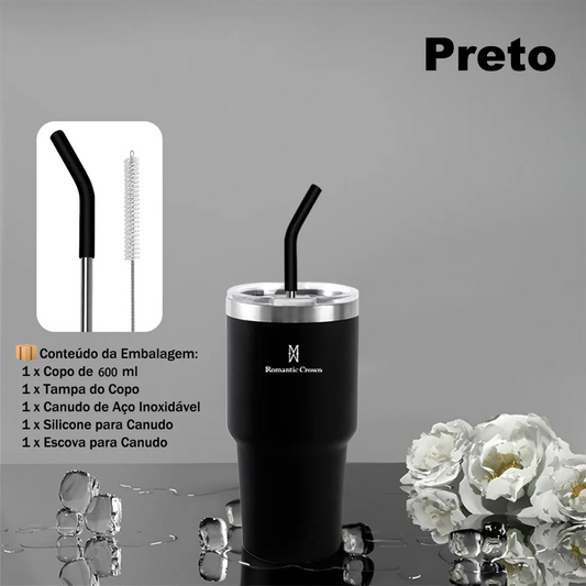 Copo Térmico Inox Portátil 591ml com Tampa e Canudo